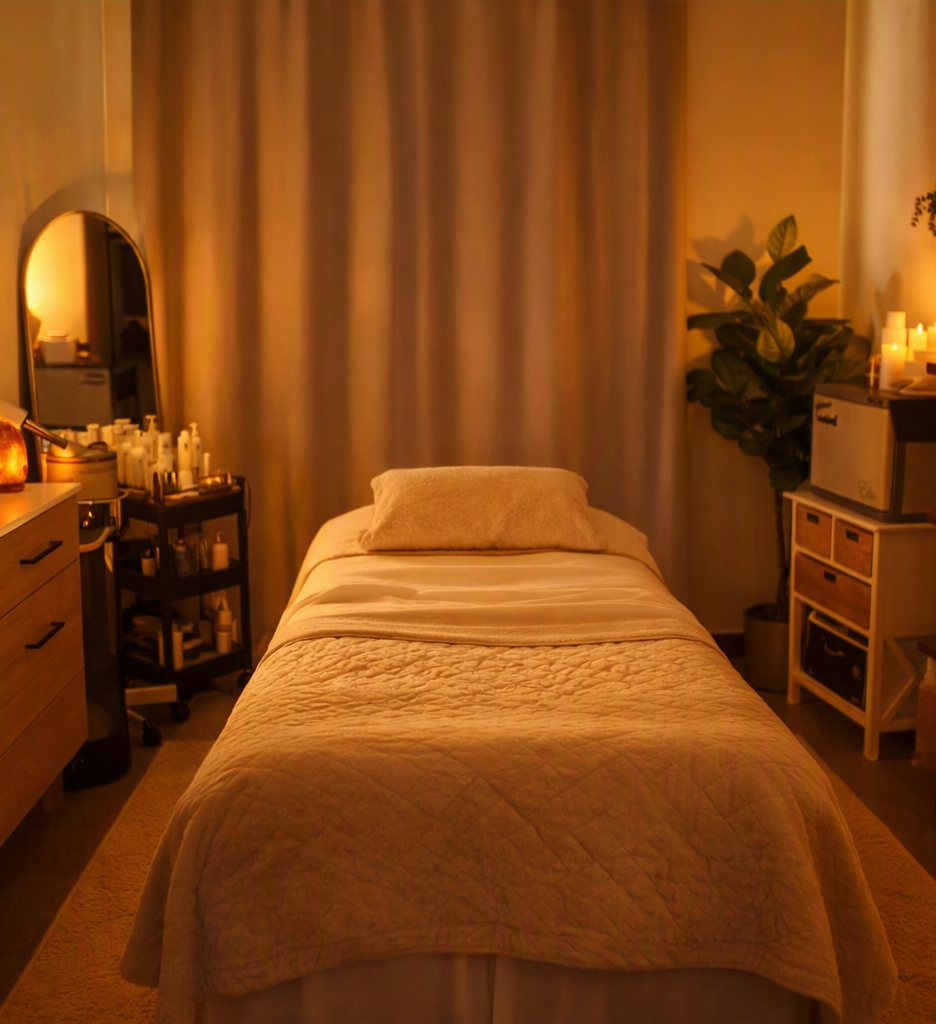 A candlelit treatment room with a warm quilted bed, soft linens and glowing candles