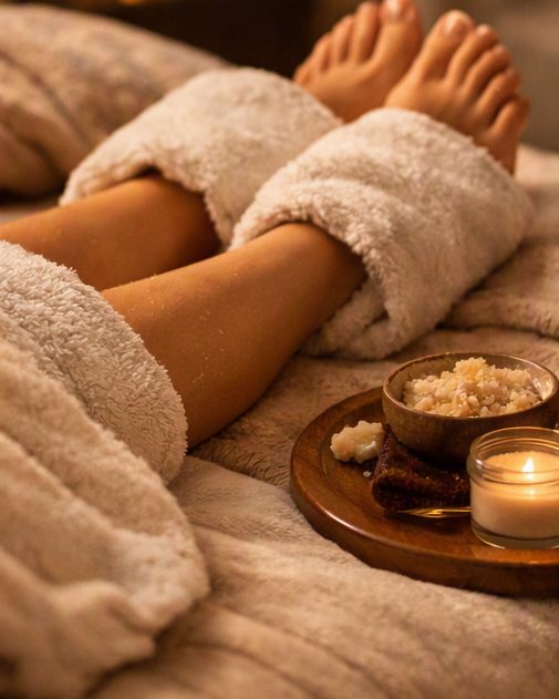 Calves wrapped in warm towels on the treatment bed beside a bowl of smoothing scrub and a lit candle
