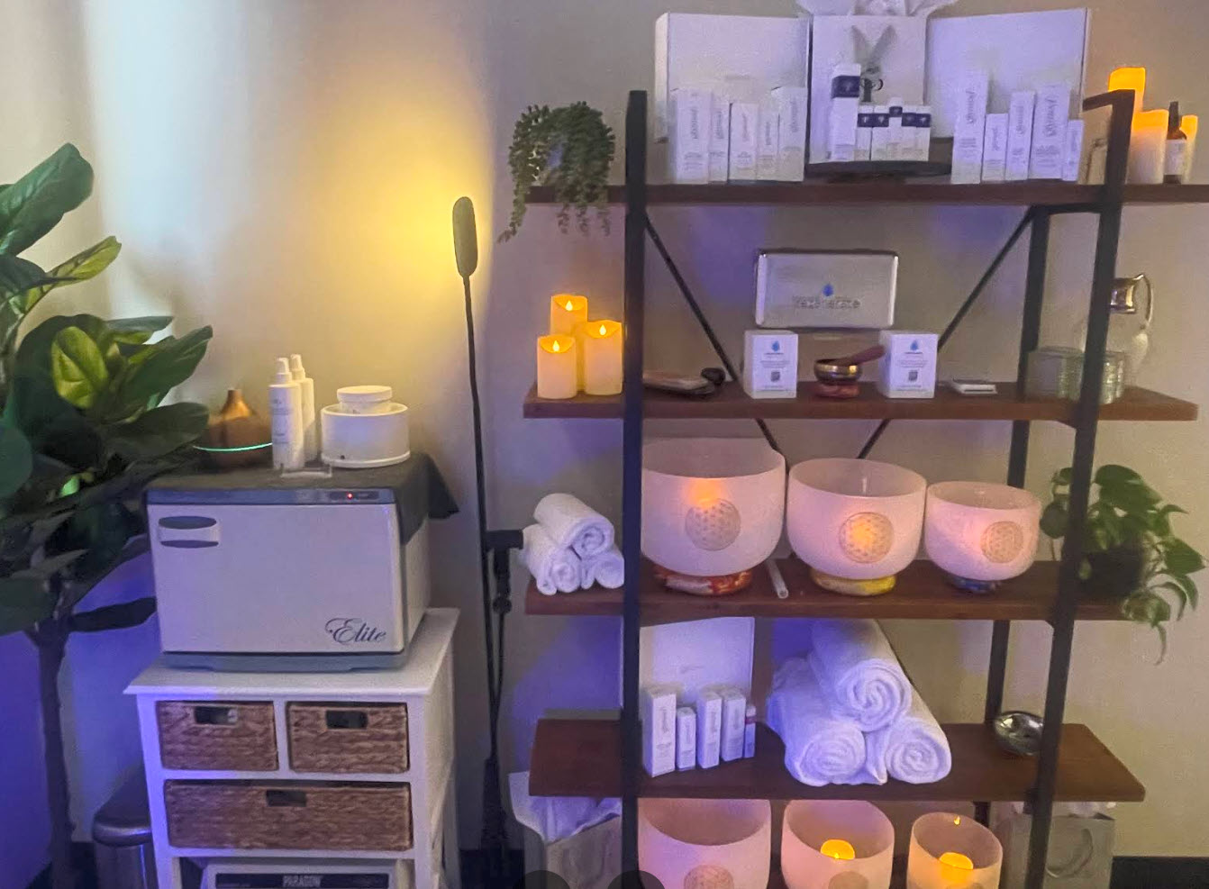 Crystal singing bowls and retail shelf